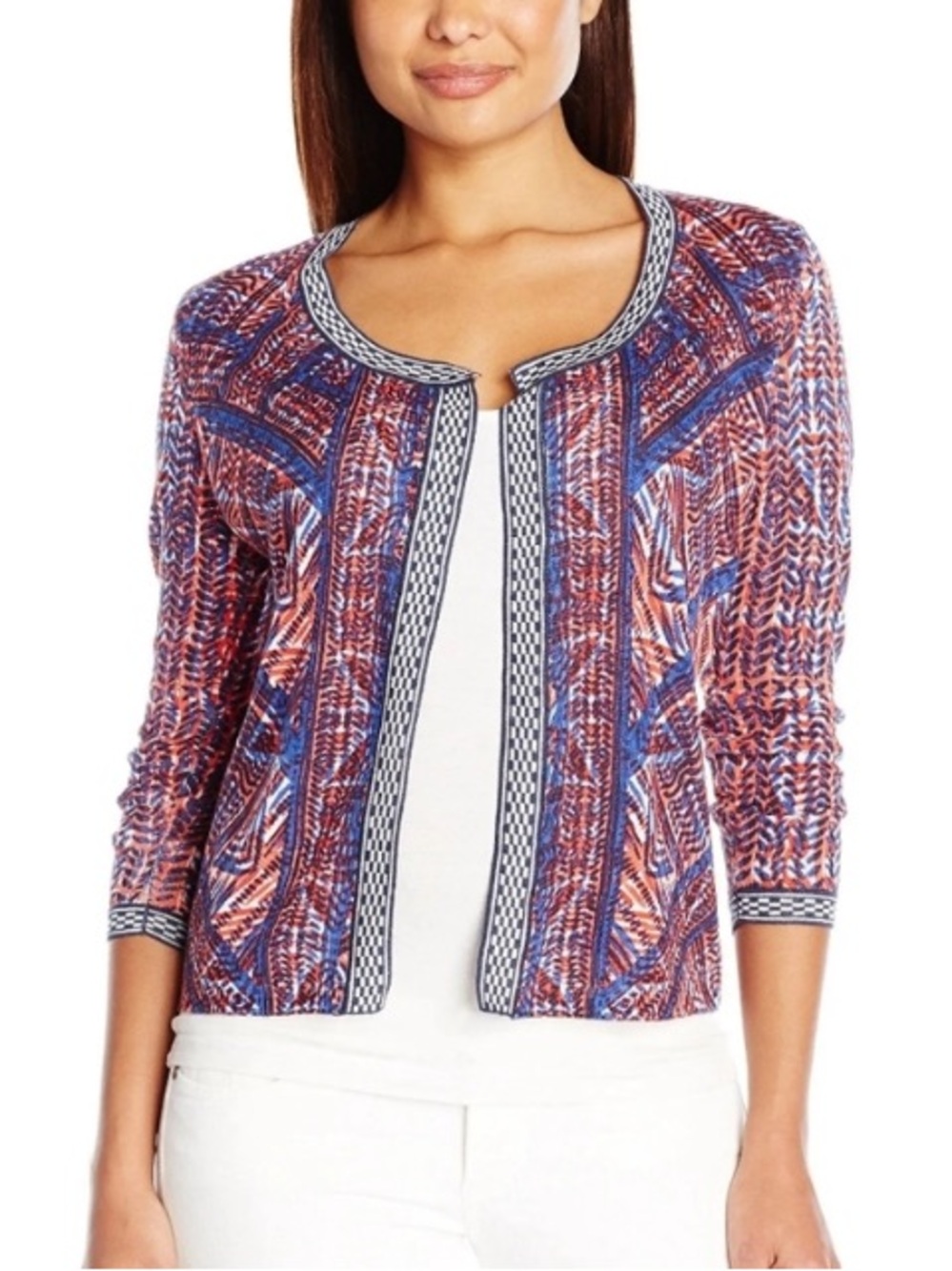 Nic+Zoe Petite Picasso Linen Blend Knit Cardigan Lightweight Open Front Blue PS